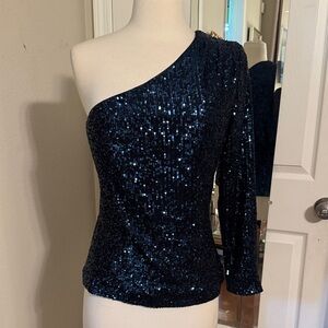 WHBM Navy Sequin One-Shoulder Top
